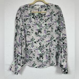 Club Monaco Purple Green Floral Boho Blouse Womens XL Peasant Long Sleeve Shirt